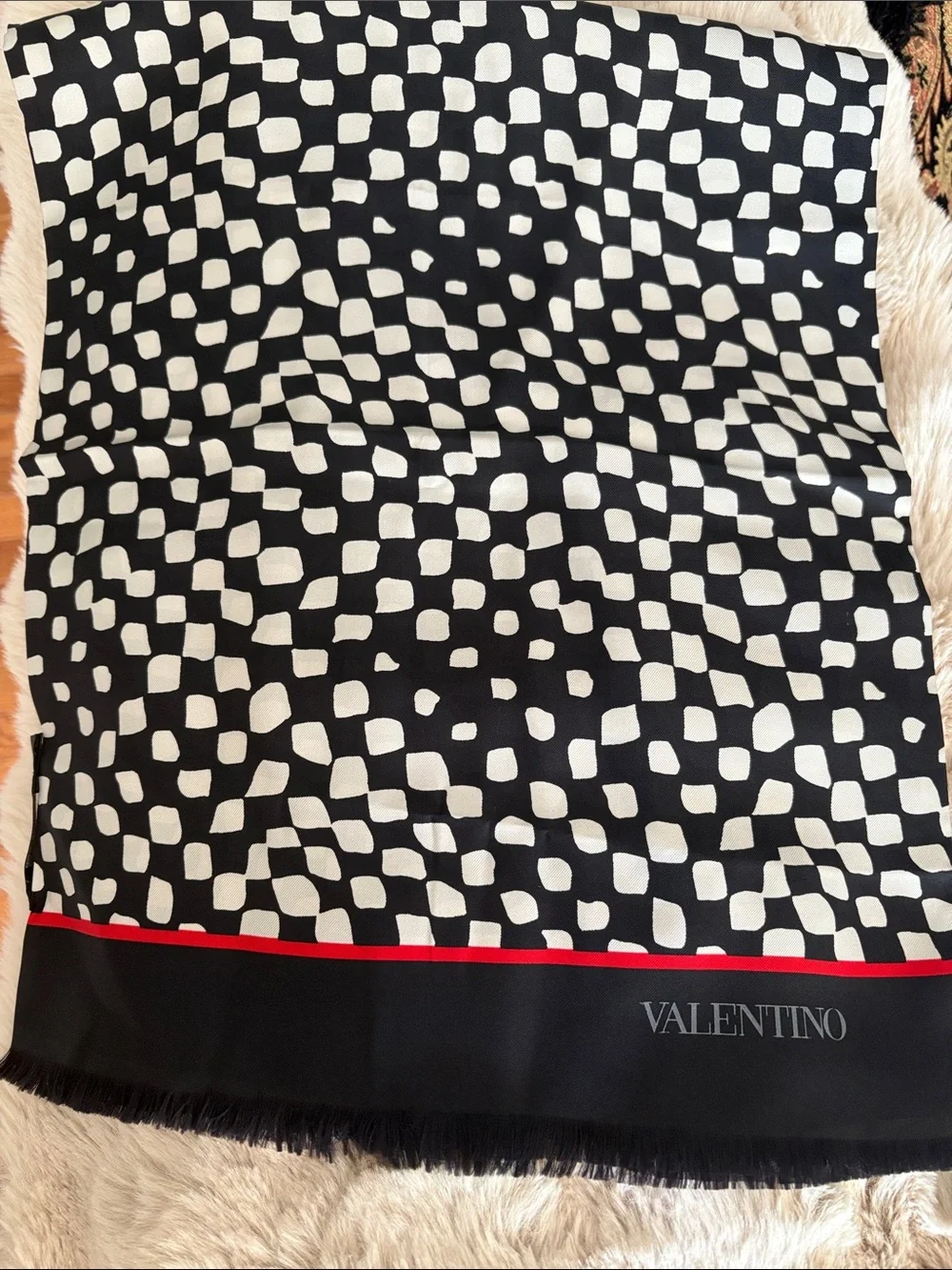 Valentino Black White Graphic Dot Silk Scarf with Red Trim